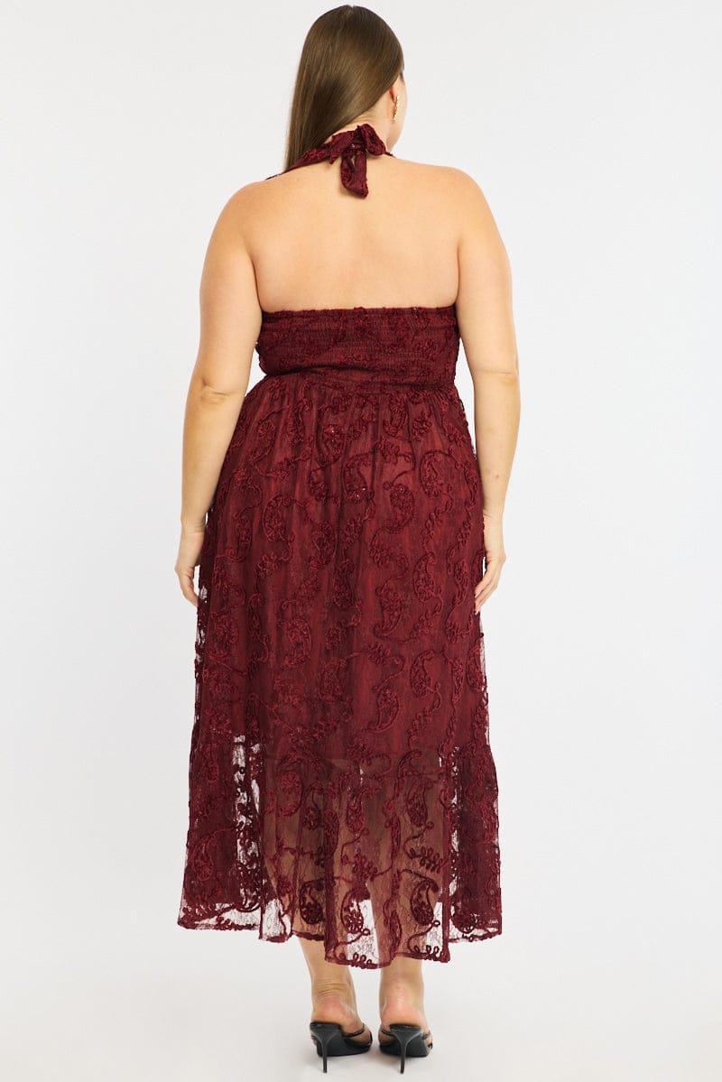 Red Maxi Dress Sleeveless Halter Neck Lace for YouandAll Fashion