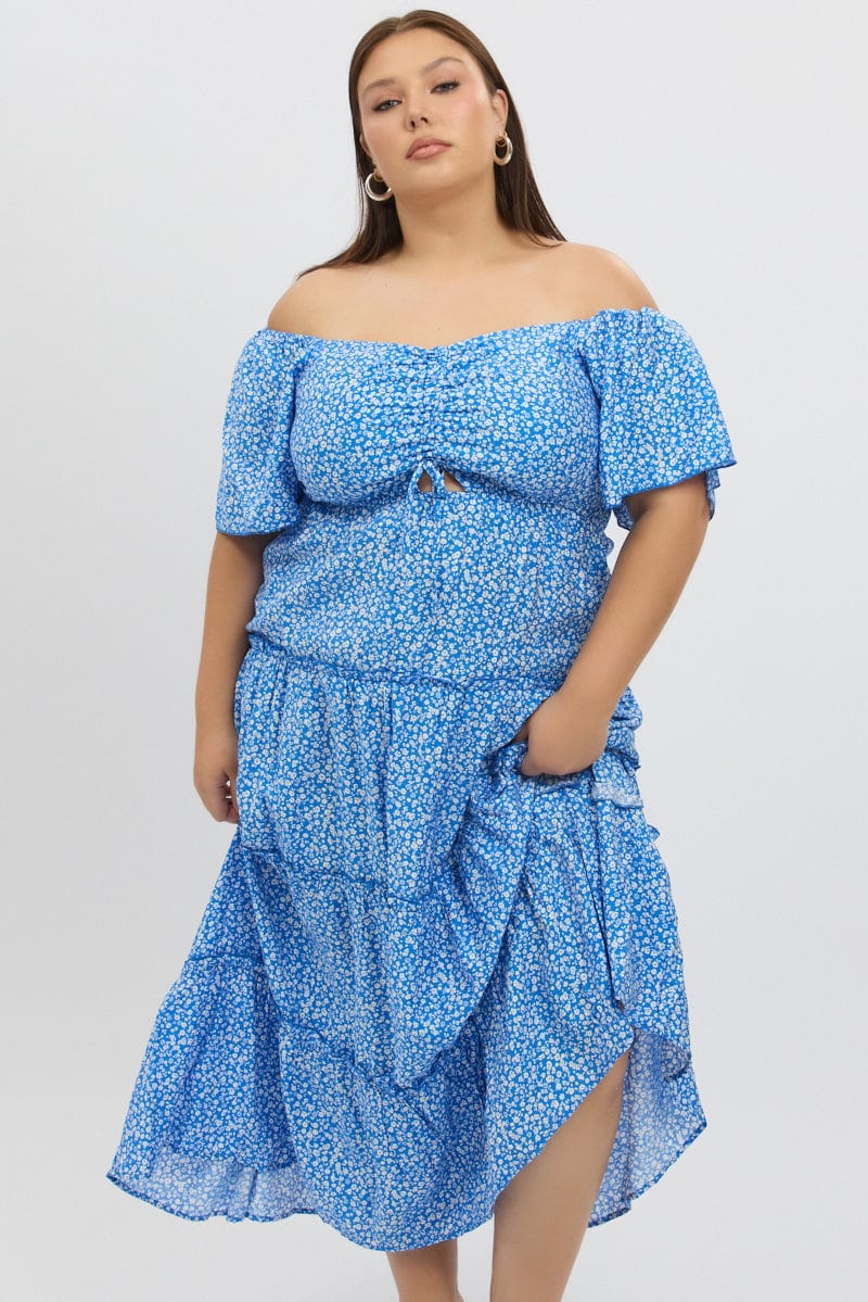 Blue Ditsy Maxi Dress Short Sleeve Ruched Bust Tiered | You & All Blue Ditsy Maxi Dress Short Sleeve Ruched Bust Tiered | You & All