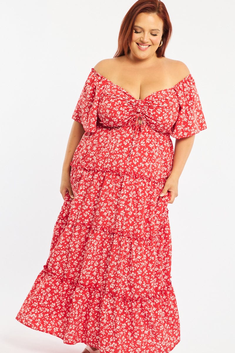Red Ditsy Maxi Dress Short Sleeve Ruched Bust for YouandAll Fashion
