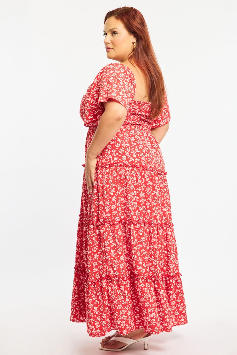 Red Ditsy Maxi Dress Short Sleeve Ruched Bust