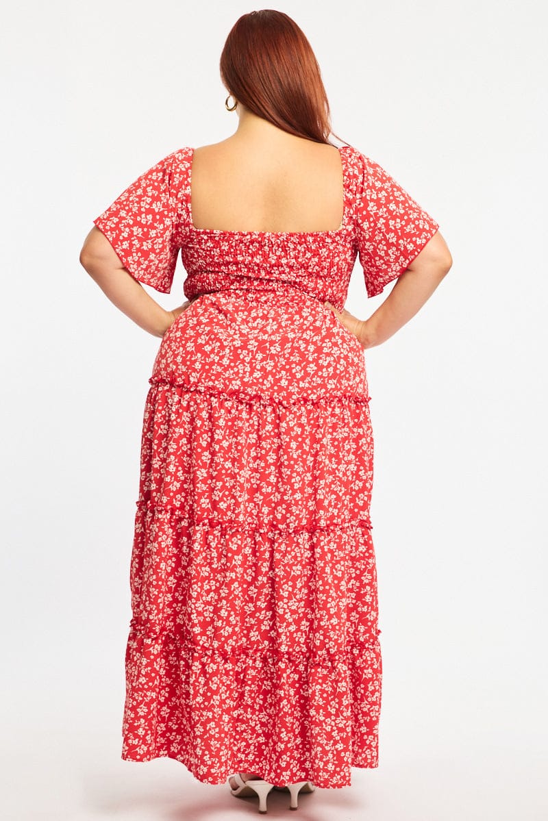 Red Ditsy Maxi Dress Short Sleeve Ruched Bust for YouandAll Fashion