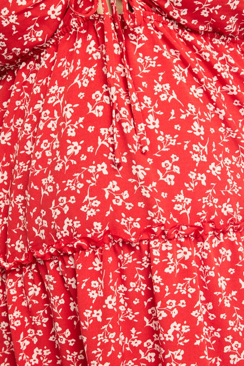 Red Ditsy Maxi Dress Short Sleeve Ruched Bust for YouandAll Fashion