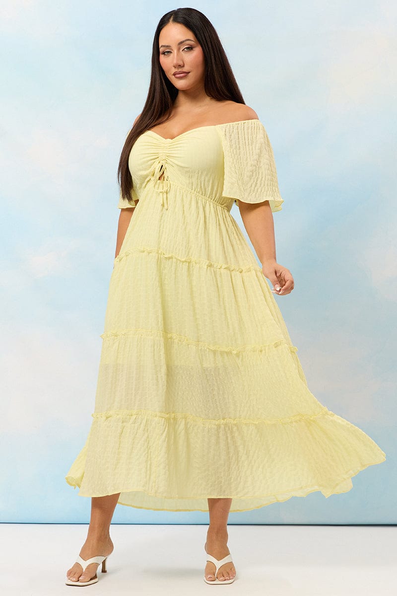 Yellow Maxi Dress Short Sleeve Tiered for YouandAll Fashion