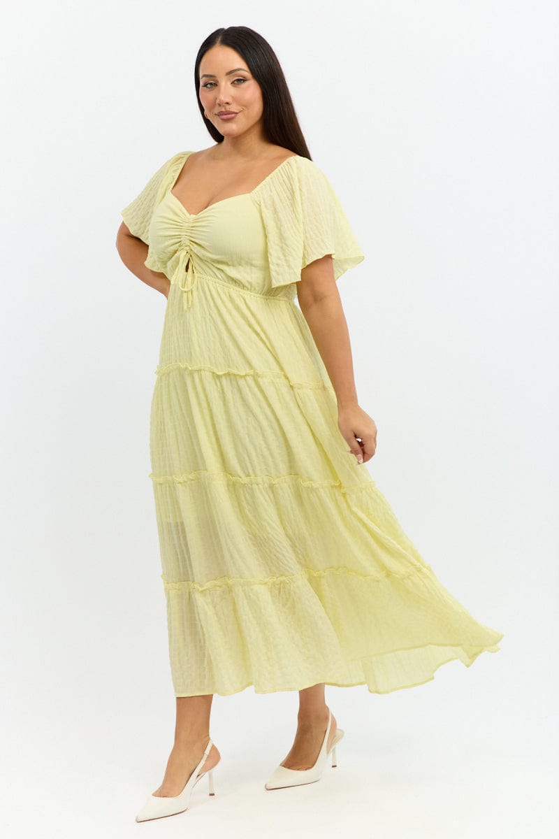 Yellow Maxi Dress Short Sleeve Tiered for YouandAll Fashion