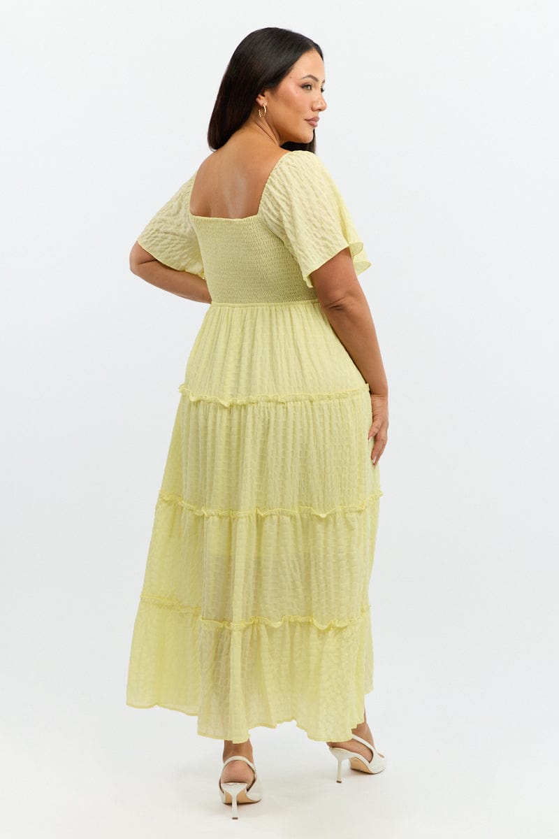 Yellow Maxi Dress Short Sleeve Tiered for YouandAll Fashion