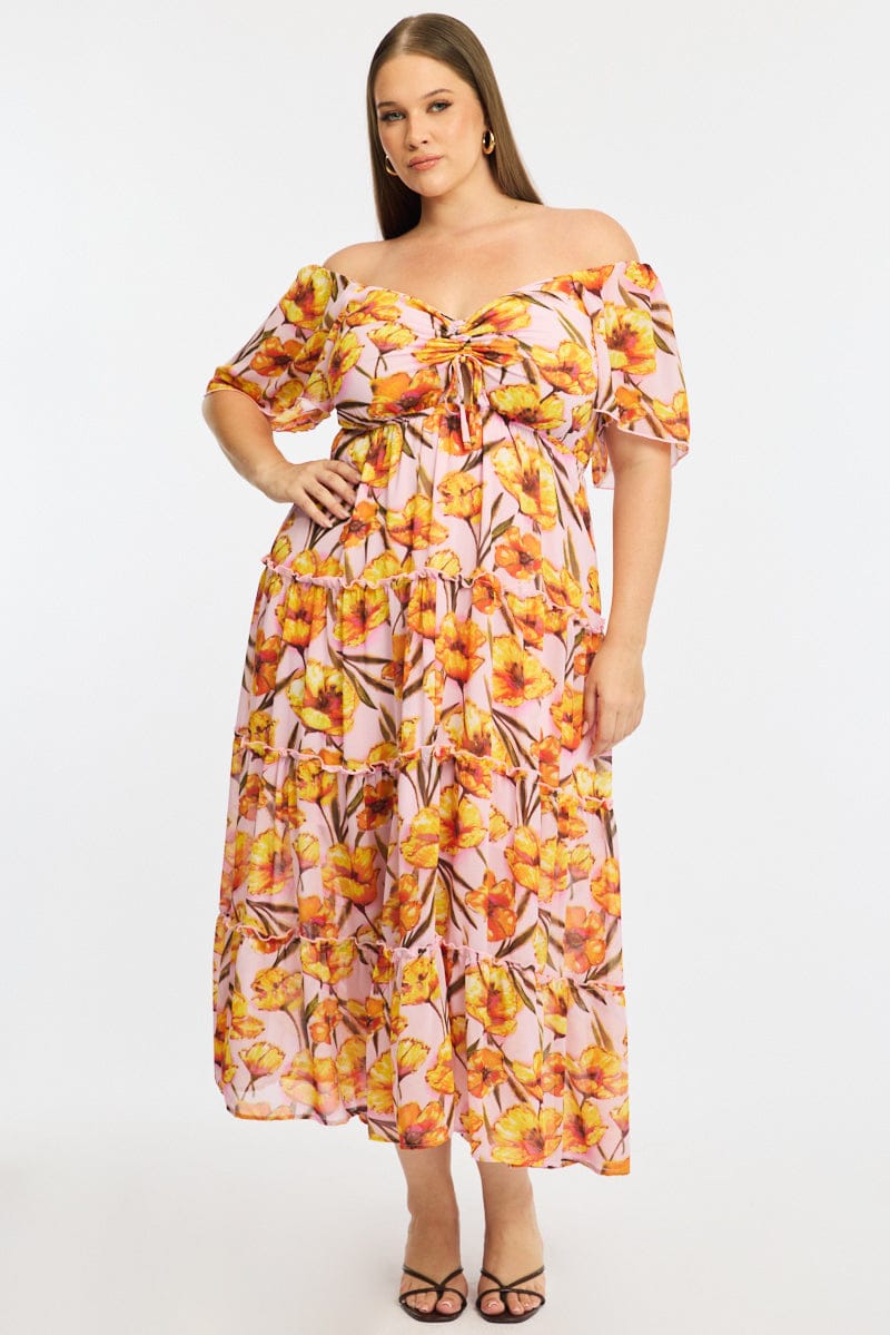 Pink Floral Midi Dress Short Sleeve Ruched Bust for YouandAll Fashion