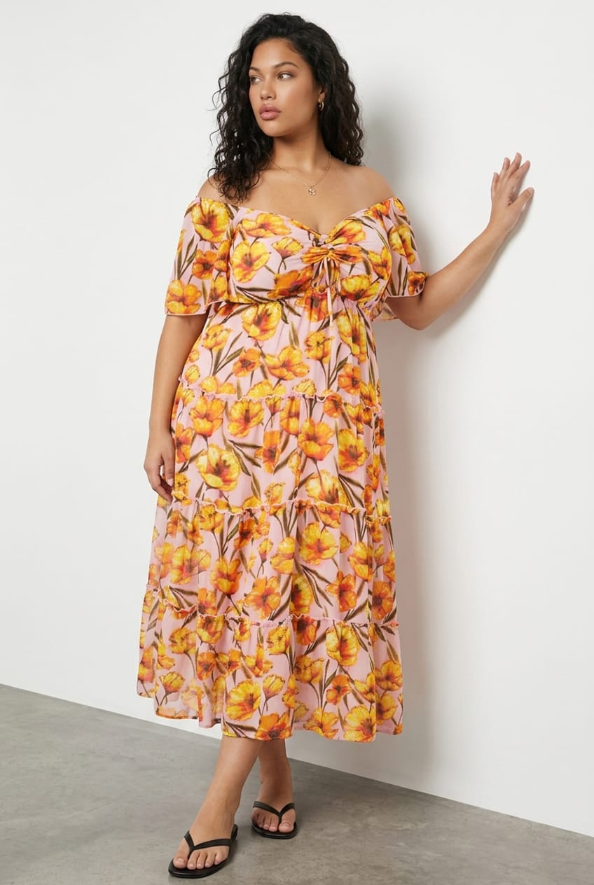 Pink Floral Midi Dress Short Sleeve Ruched Bust for YouandAll Fashion
