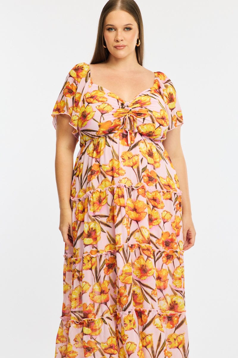 Pink Floral Midi Dress Short Sleeve Ruched Bust for YouandAll Fashion