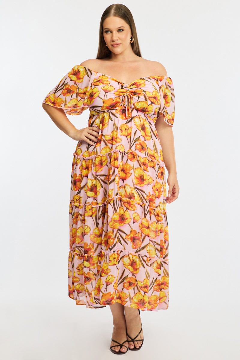 Pink Floral Midi Dress Short Sleeve Ruched Bust for YouandAll Fashion