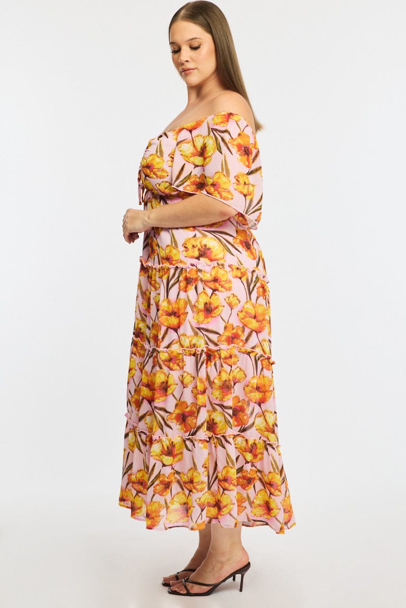 Pink Floral Midi Dress Short Sleeve Ruched Bust for YouandAll Fashion