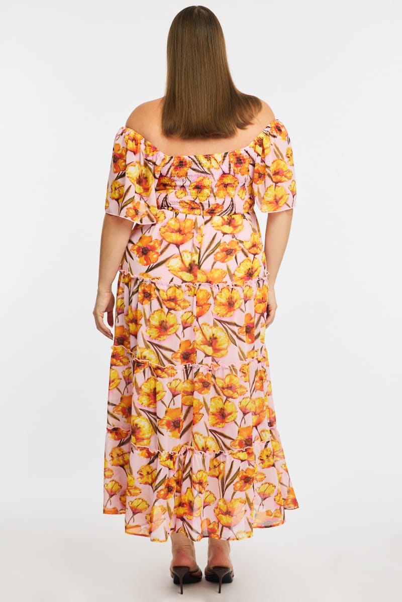 Pink Floral Midi Dress Short Sleeve Ruched Bust for YouandAll Fashion