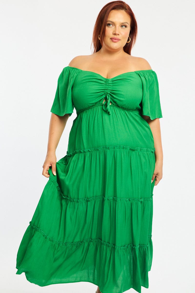 Green Maxi Dress Short Sleeve Ruched Bust for YouandAll Fashion