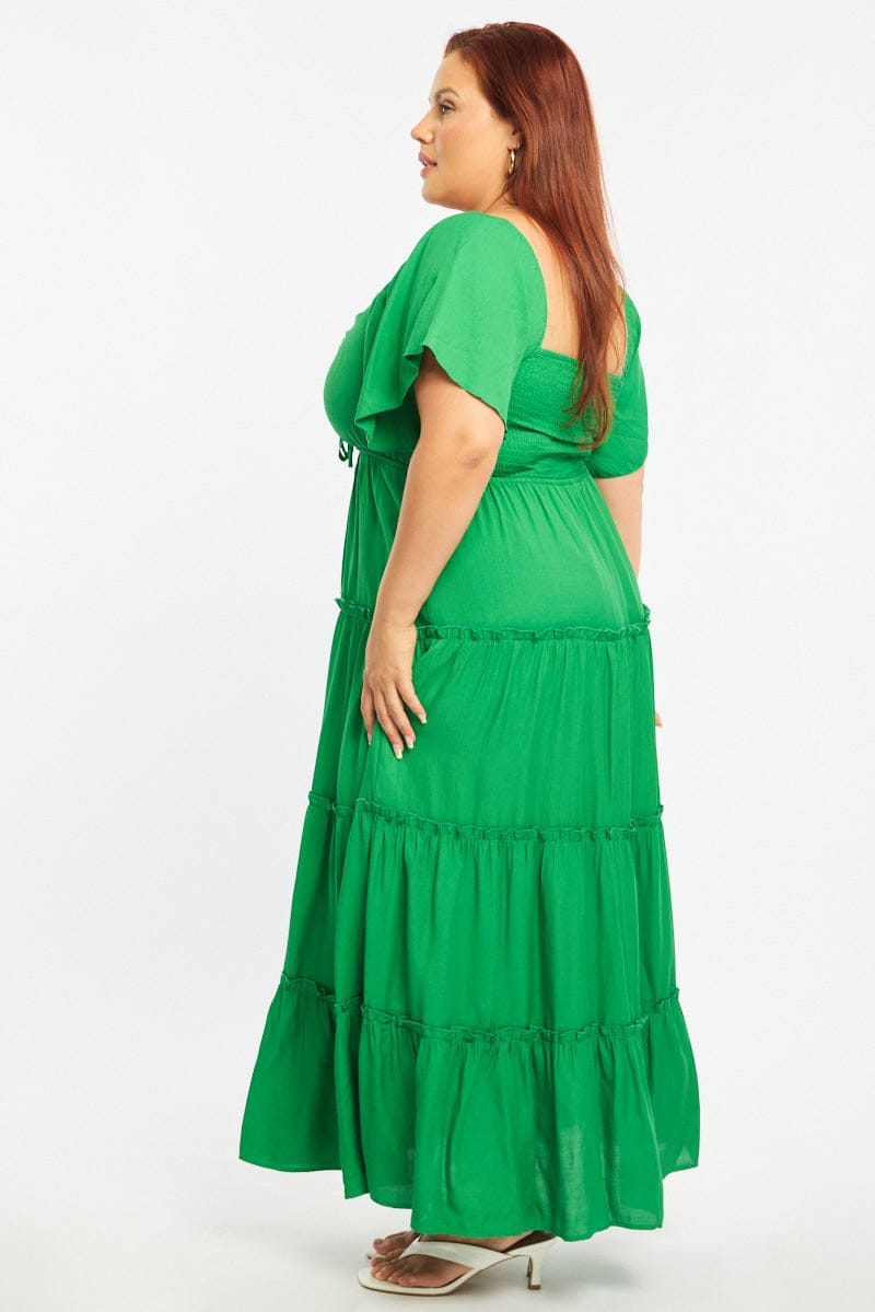 Green Maxi Dress Short Sleeve Ruched Bust for YouandAll Fashion
