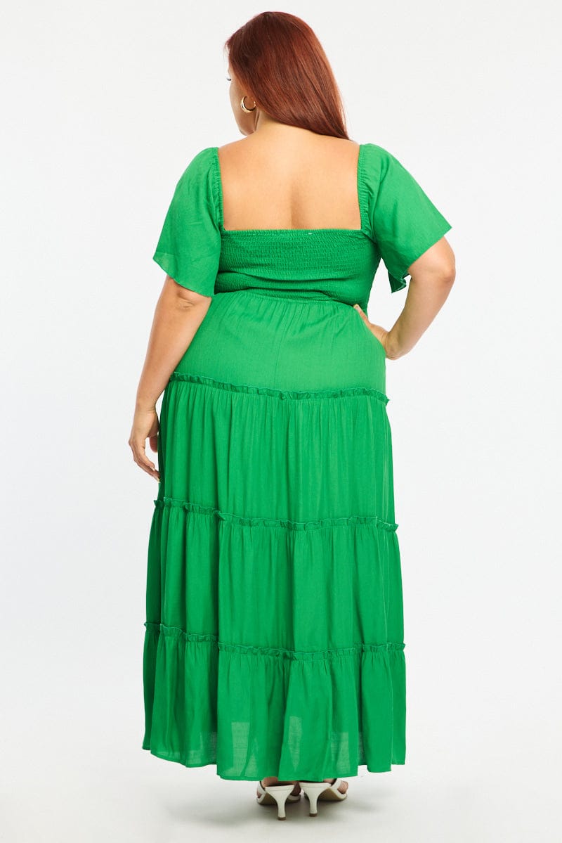 Green Maxi Dress Short Sleeve Ruched Bust for YouandAll Fashion