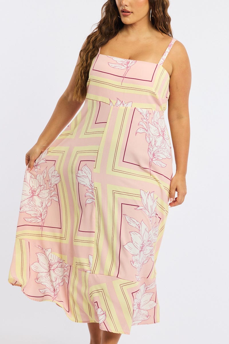 Pink Floral Midi Dress Sleeveless for YouandAll Fashion