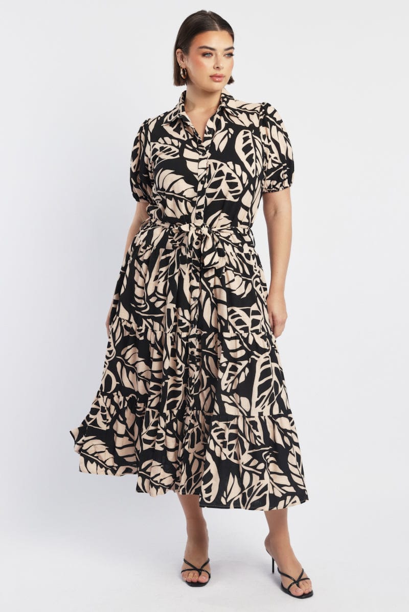 Black Floral Midi Dress Short Sleeve Shirt Floral