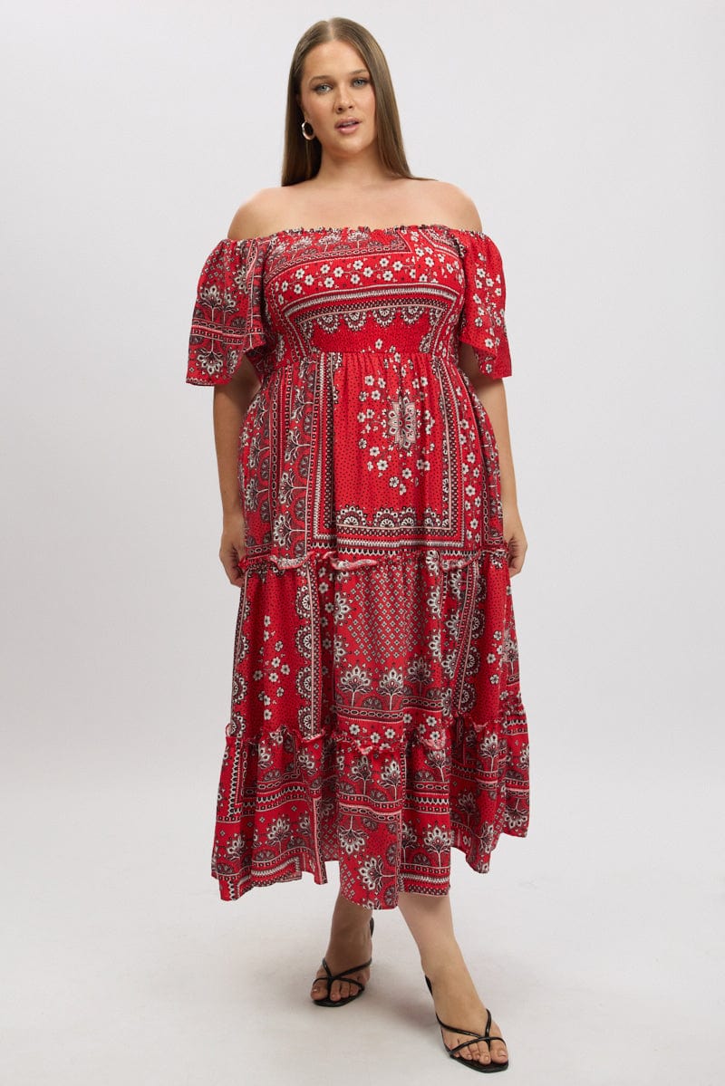 Red Boho Maxi Dress Short Sleeve Tiered