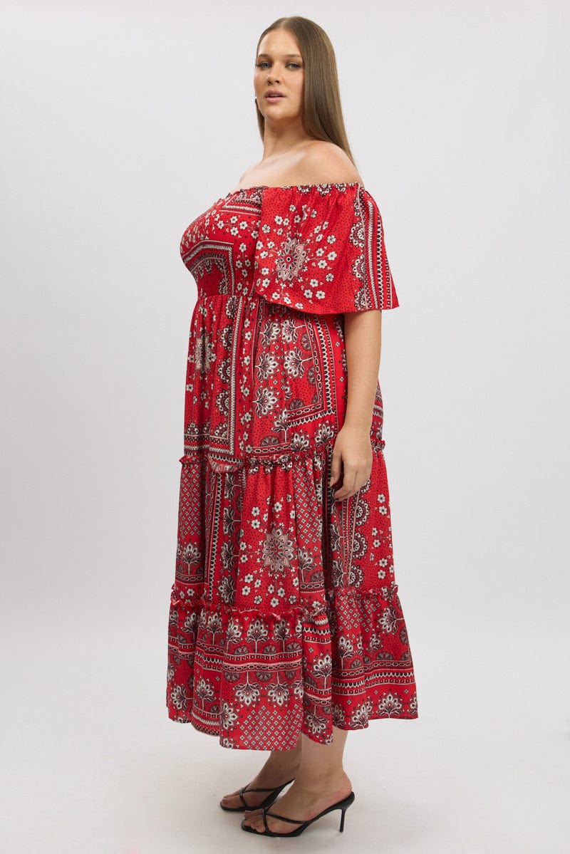 Red Boho Maxi Dress Short Sleeve Tiered