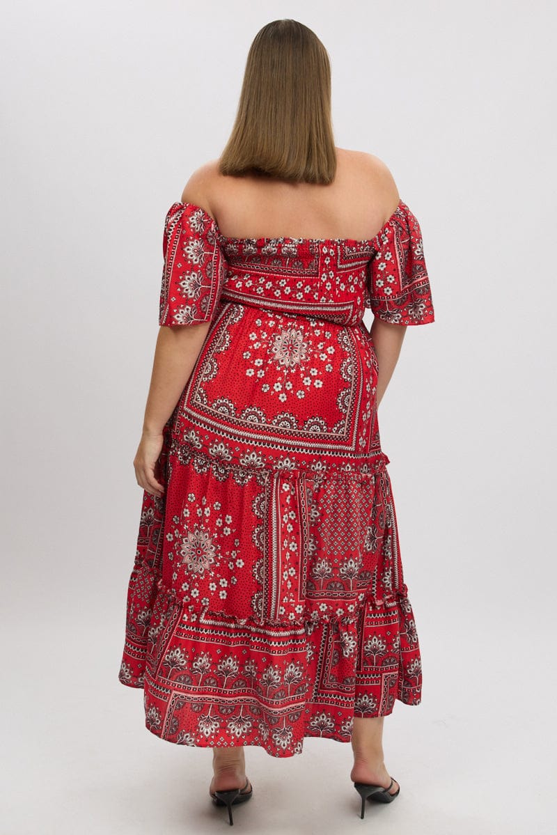 Red Boho Maxi Dress Short Sleeve Tiered