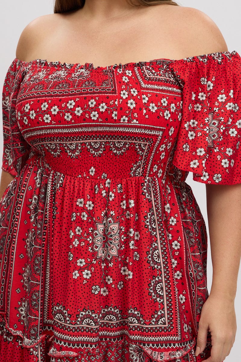 Red Boho Maxi Dress Short Sleeve Tiered