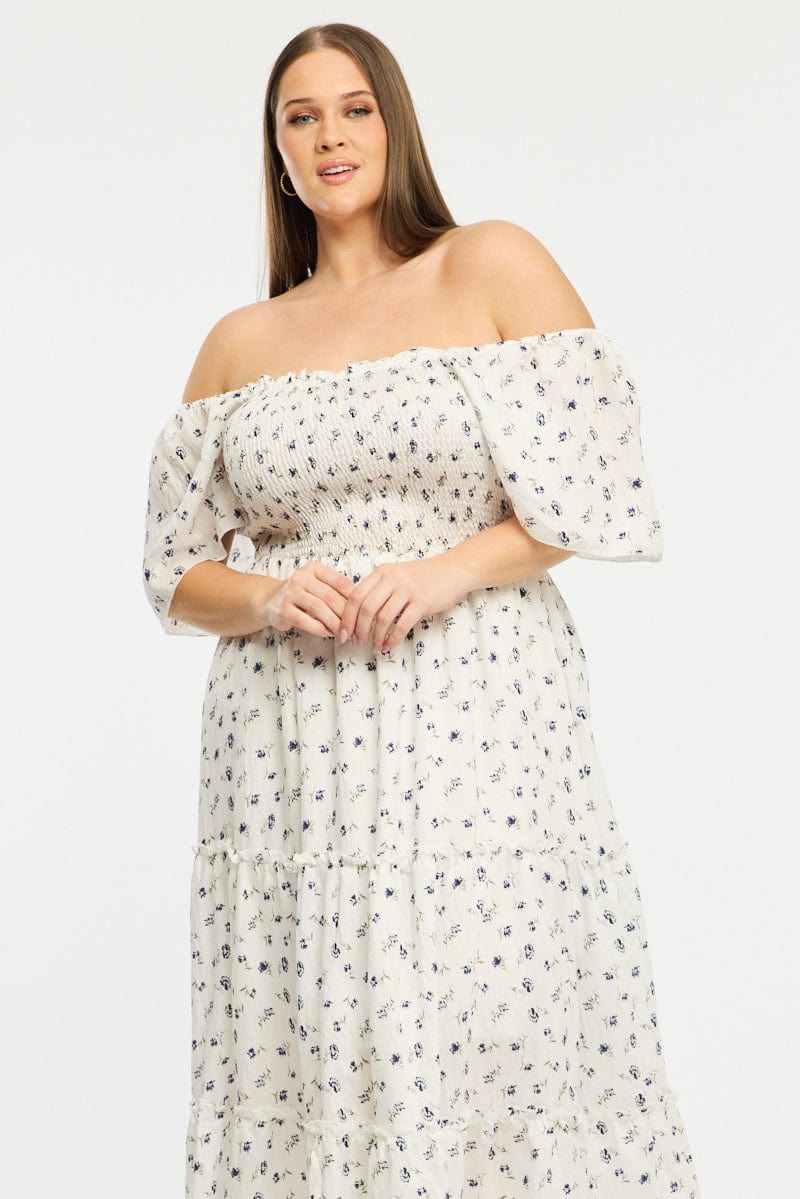 Blue Ditsy Maxi Dress Short Sleeve Shirred Body Tiered for YouandAll Fashion