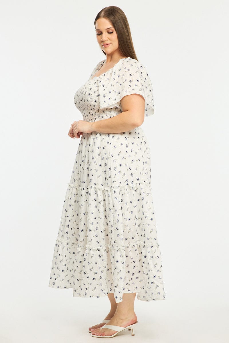 Blue Ditsy Maxi Dress Short Sleeve Shirred Body Tiered for YouandAll Fashion