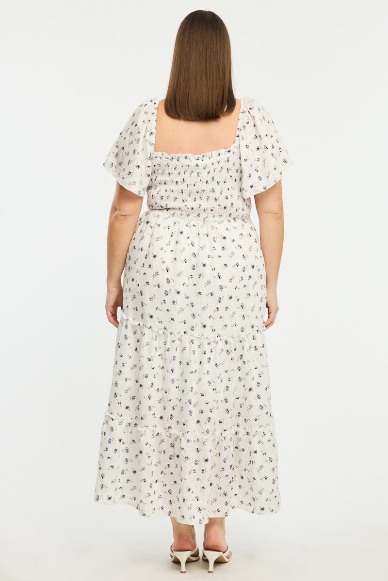 Blue Ditsy Maxi Dress Short Sleeve Shirred Body Tiered for YouandAll Fashion