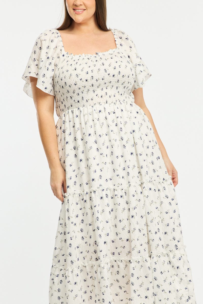 Blue Ditsy Maxi Dress Short Sleeve Shirred Body Tiered for YouandAll Fashion
