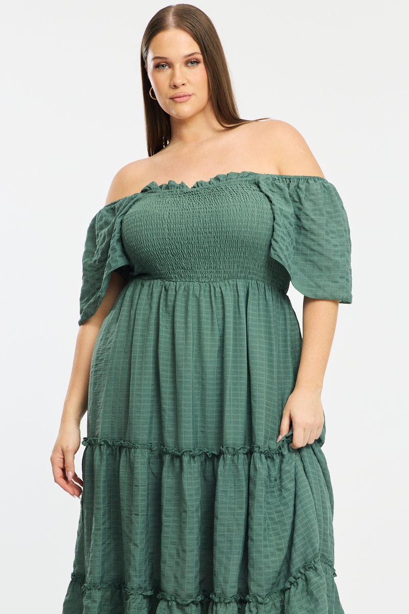 Green Textured Maxi Dress Short Sleeve for YouandAll Fashion