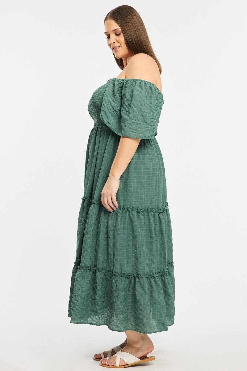 Green Textured Maxi Dress Short Sleeve for YouandAll Fashion