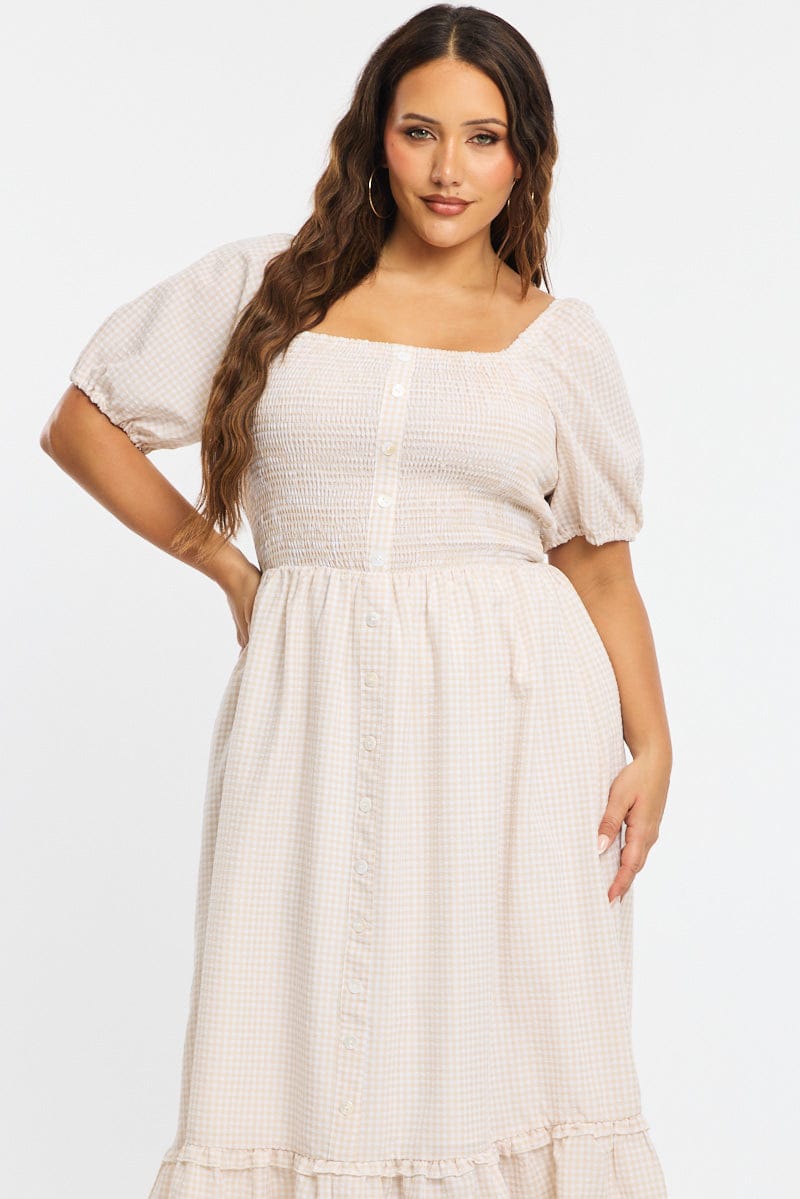Beige Check Midi Dress Short Sleeve Tie Back Shirred for YouandAll Fashion