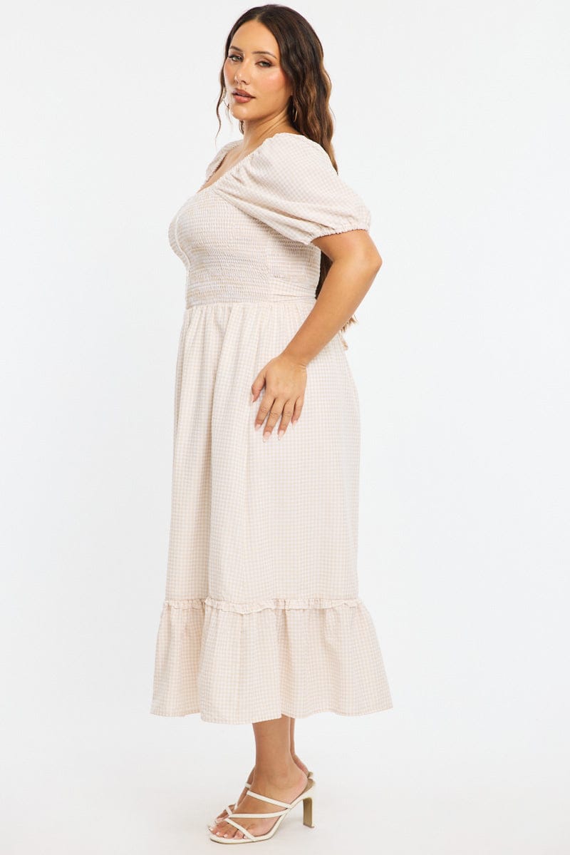 Beige Check Midi Dress Short Sleeve Tie Back Shirred for YouandAll Fashion