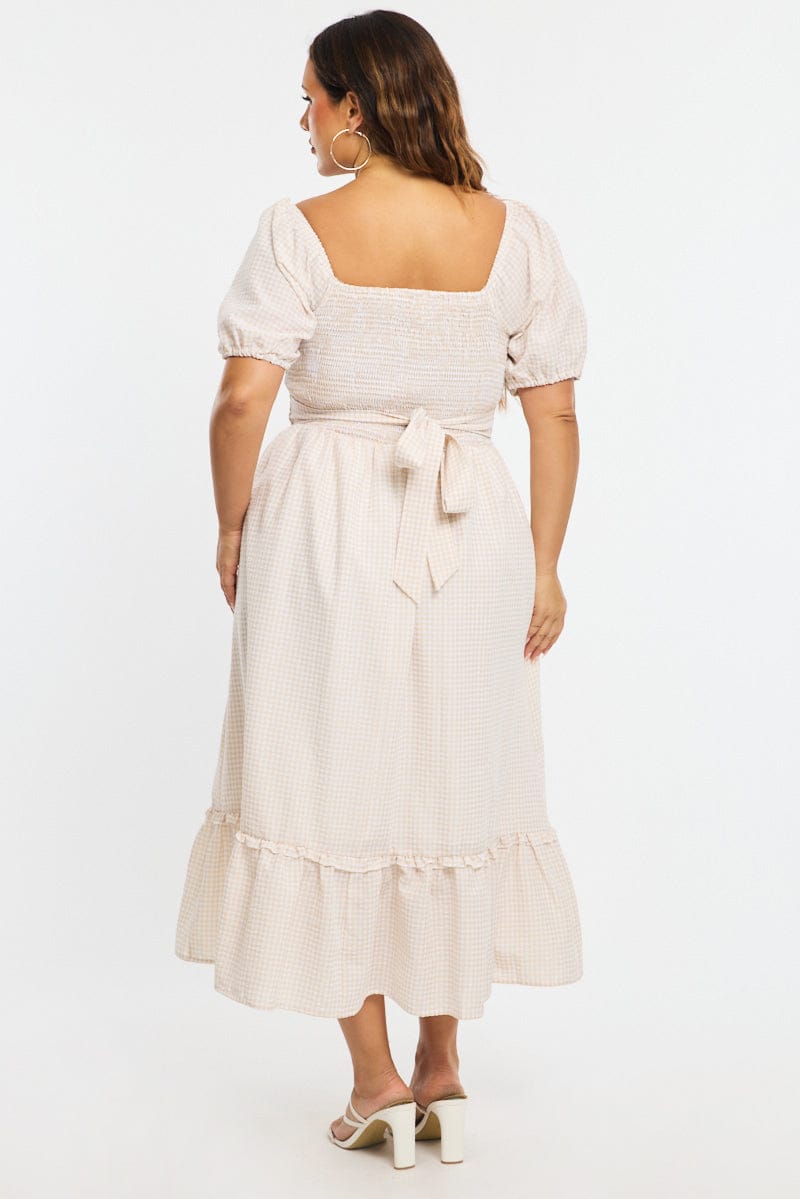 Beige Check Midi Dress Short Sleeve Tie Back Shirred for YouandAll Fashion