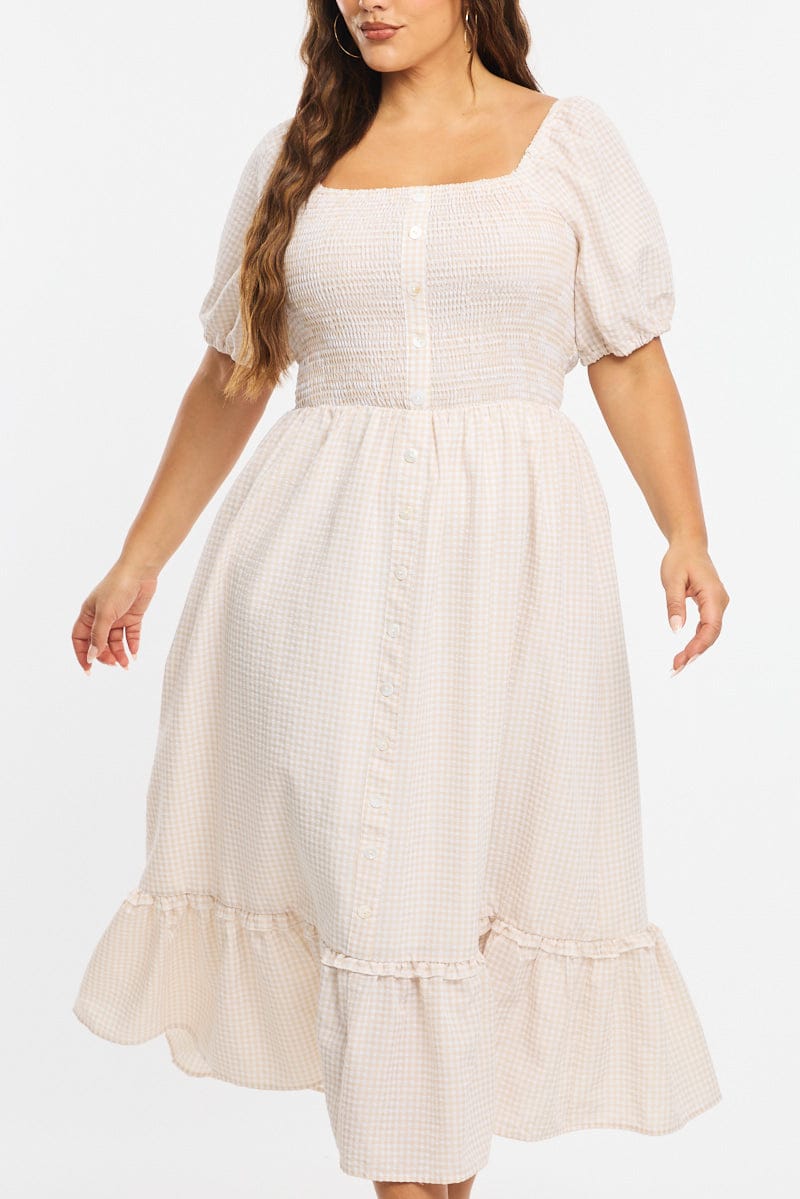 Beige Check Midi Dress Short Sleeve Tie Back Shirred for YouandAll Fashion