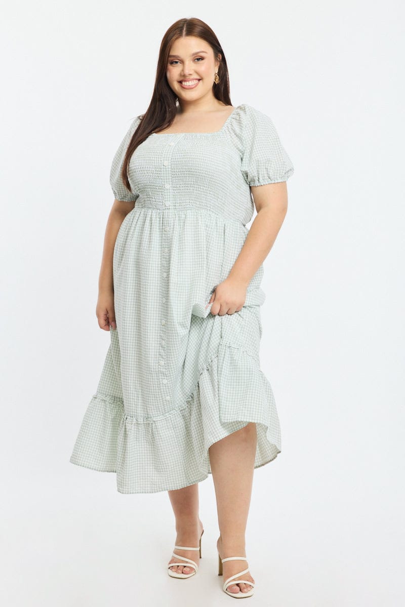 Green Check Midi Dress Short Sleeve Tie Back Shirred for YouandAll Fashion