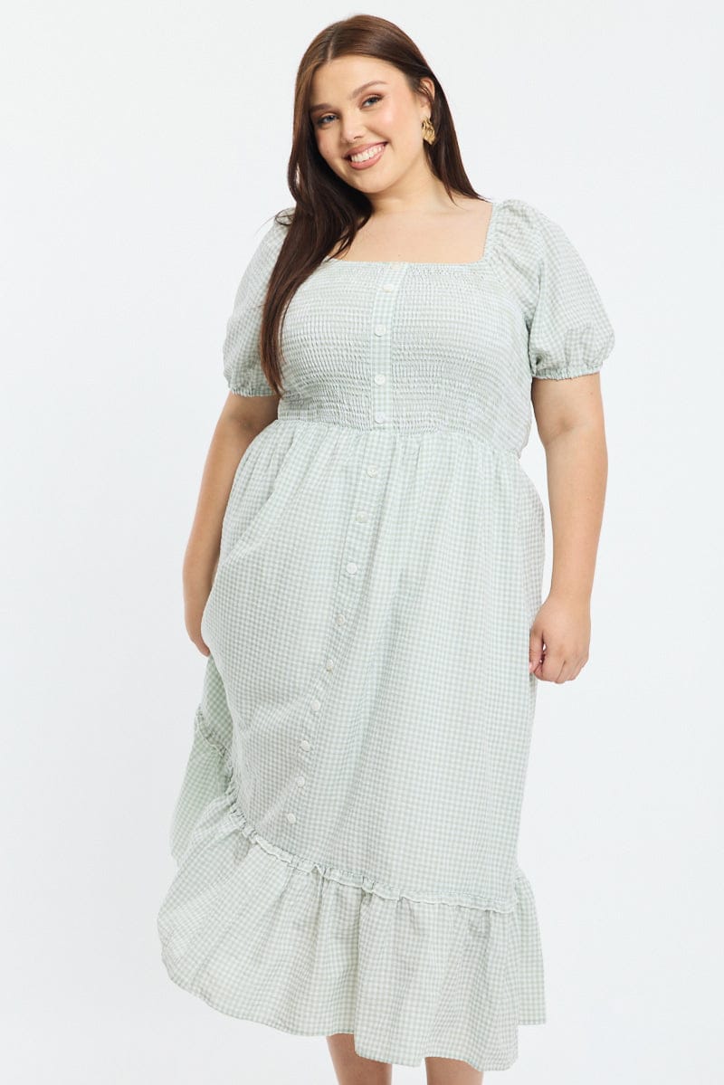 Green Check Midi Dress Short Sleeve Tie Back Shirred for YouandAll Fashion