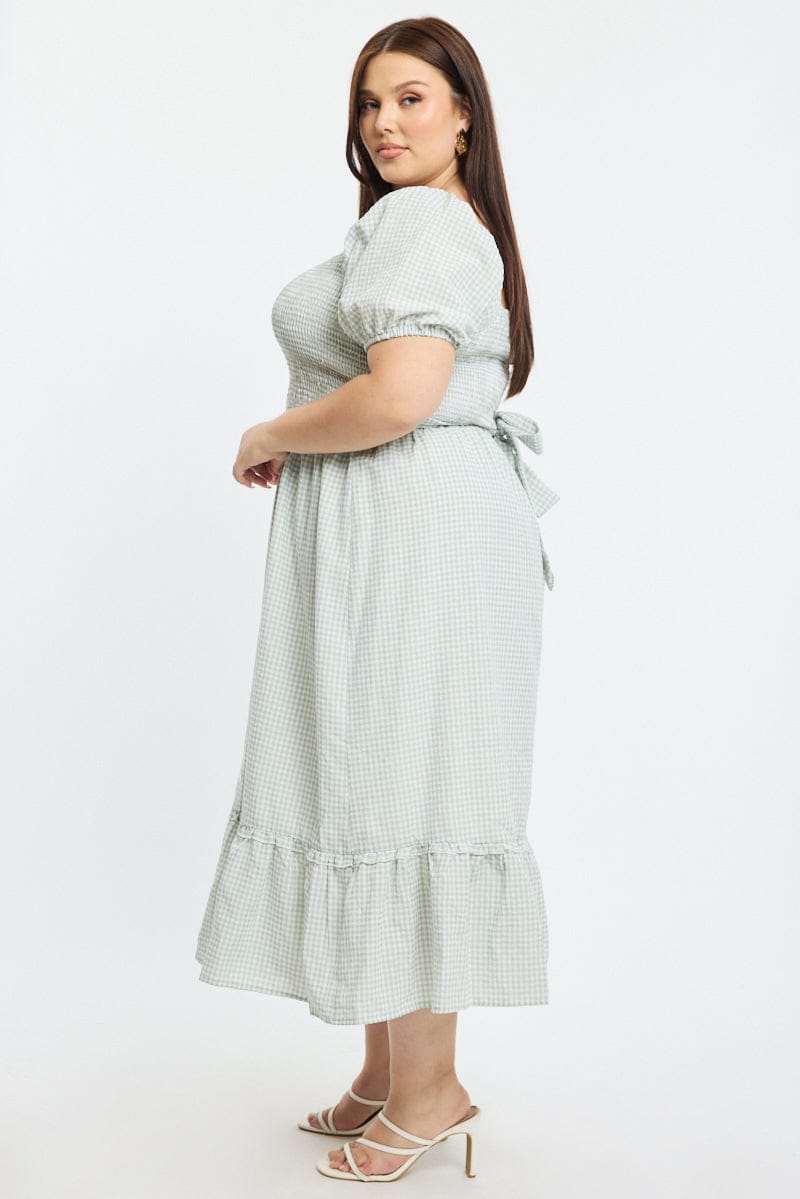 Green Check Midi Dress Short Sleeve Tie Back Shirred for YouandAll Fashion