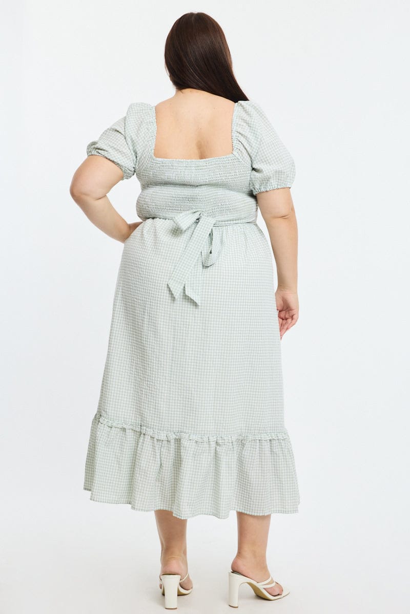 Green Check Midi Dress Short Sleeve Tie Back Shirred for YouandAll Fashion