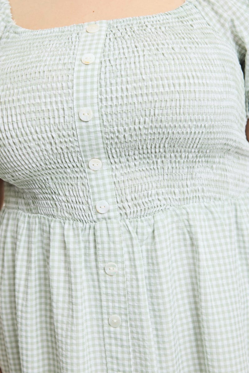 Green Check Midi Dress Short Sleeve Tie Back Shirred for YouandAll Fashion