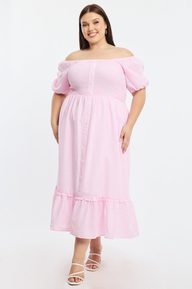 Pink Check Midi Dress Short Sleeve Tie Back Shirred for YouandAll Fashion