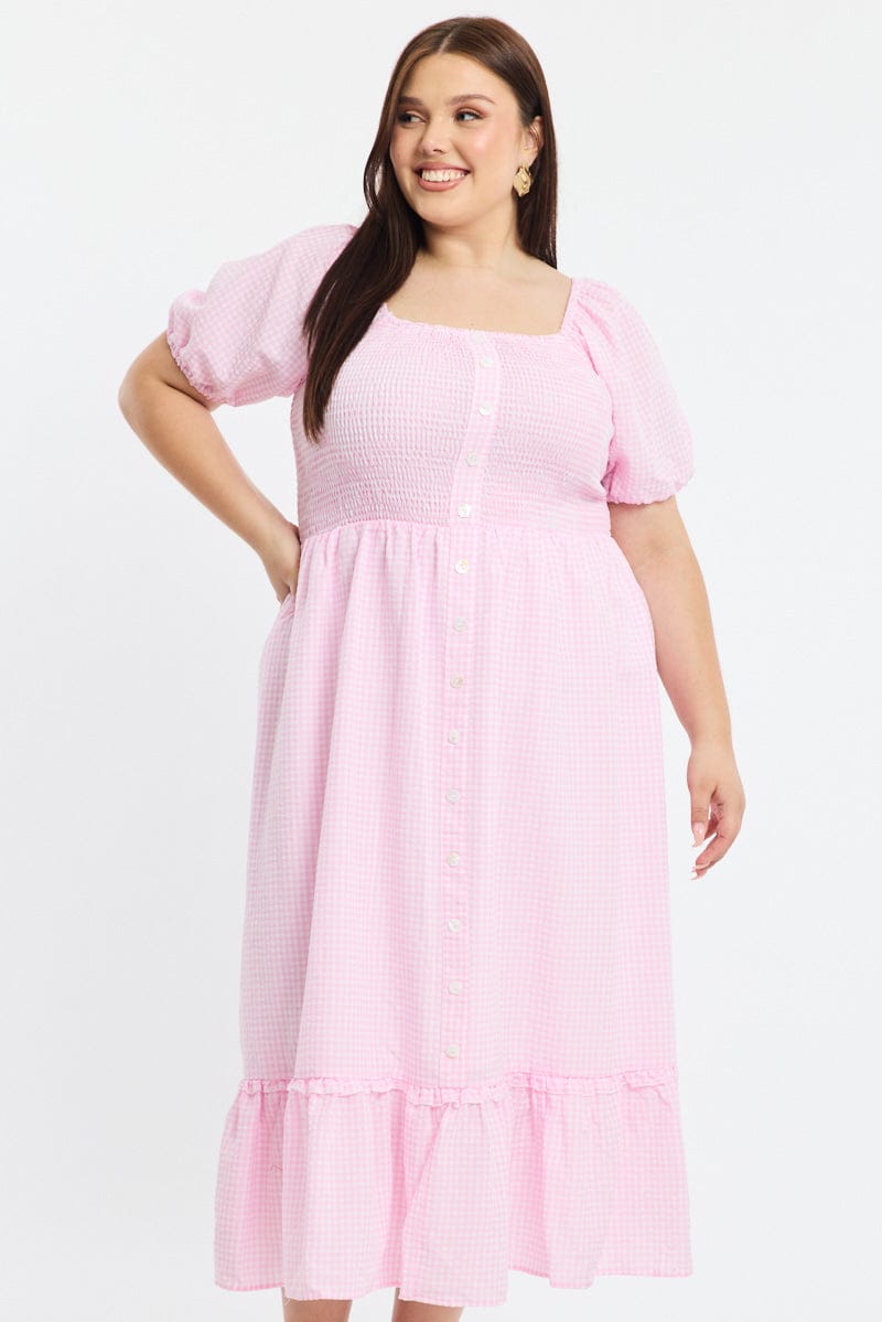 Pink Check Midi Dress Short Sleeve Tie Back Shirred for YouandAll Fashion