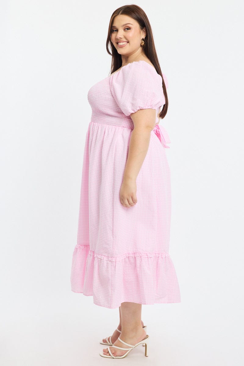 Pink Check Midi Dress Short Sleeve Tie Back Shirred for YouandAll Fashion