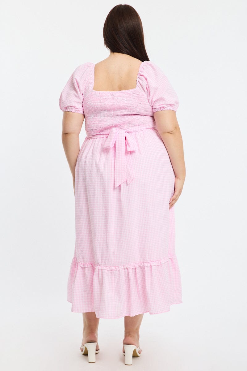 Pink Check Midi Dress Short Sleeve Tie Back Shirred for YouandAll Fashion