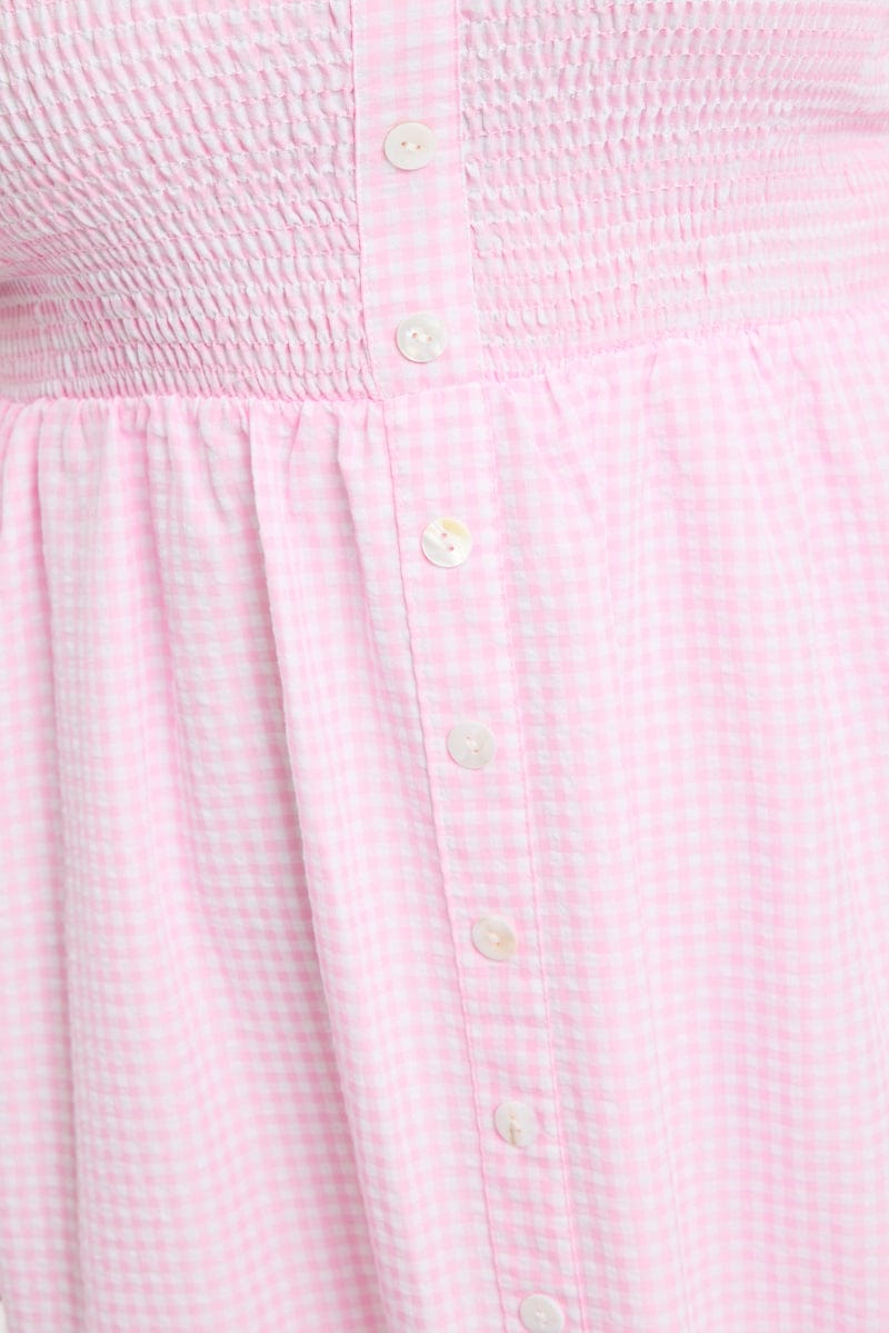 Pink Check Midi Dress Short Sleeve Tie Back Shirred for YouandAll Fashion