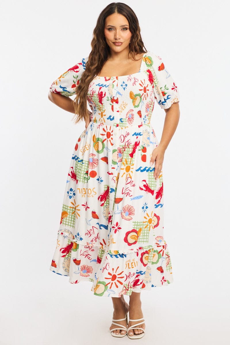 Multi Abstract Midi Dress Short Sleeve Tie Back Shirred for YouandAll Fashion