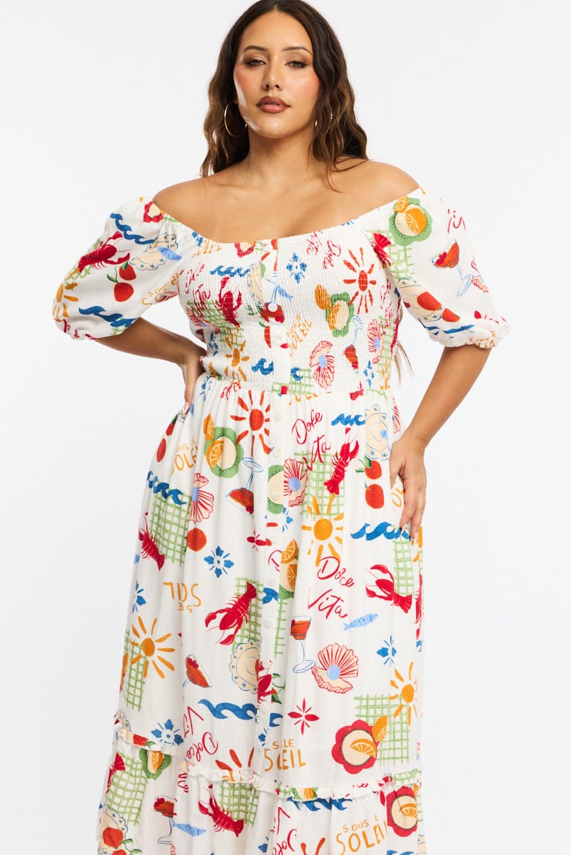 Multi Abstract Midi Dress Short Sleeve Tie Back Shirred for YouandAll Fashion
