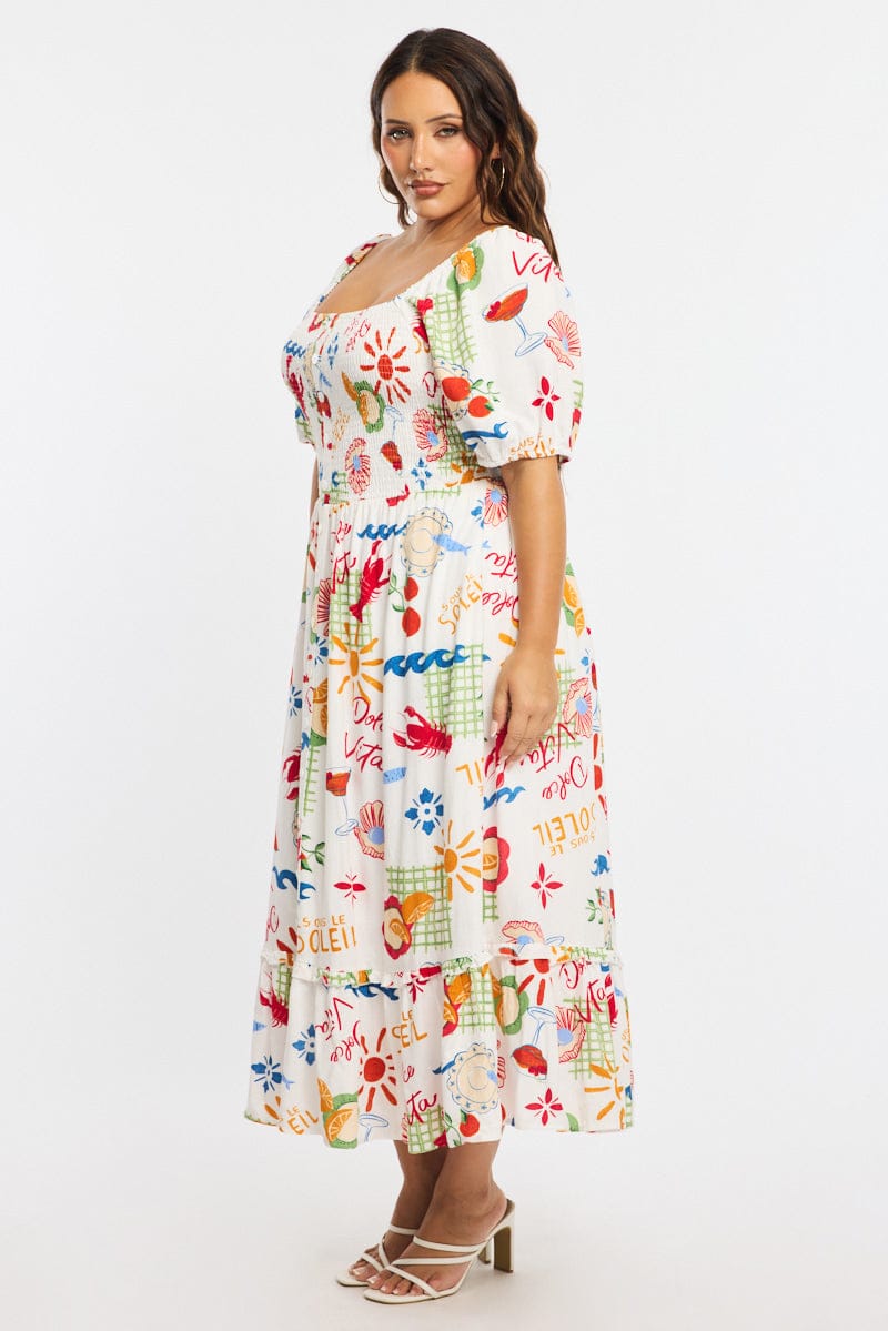 Multi Abstract Midi Dress Short Sleeve Tie Back Shirred for YouandAll Fashion