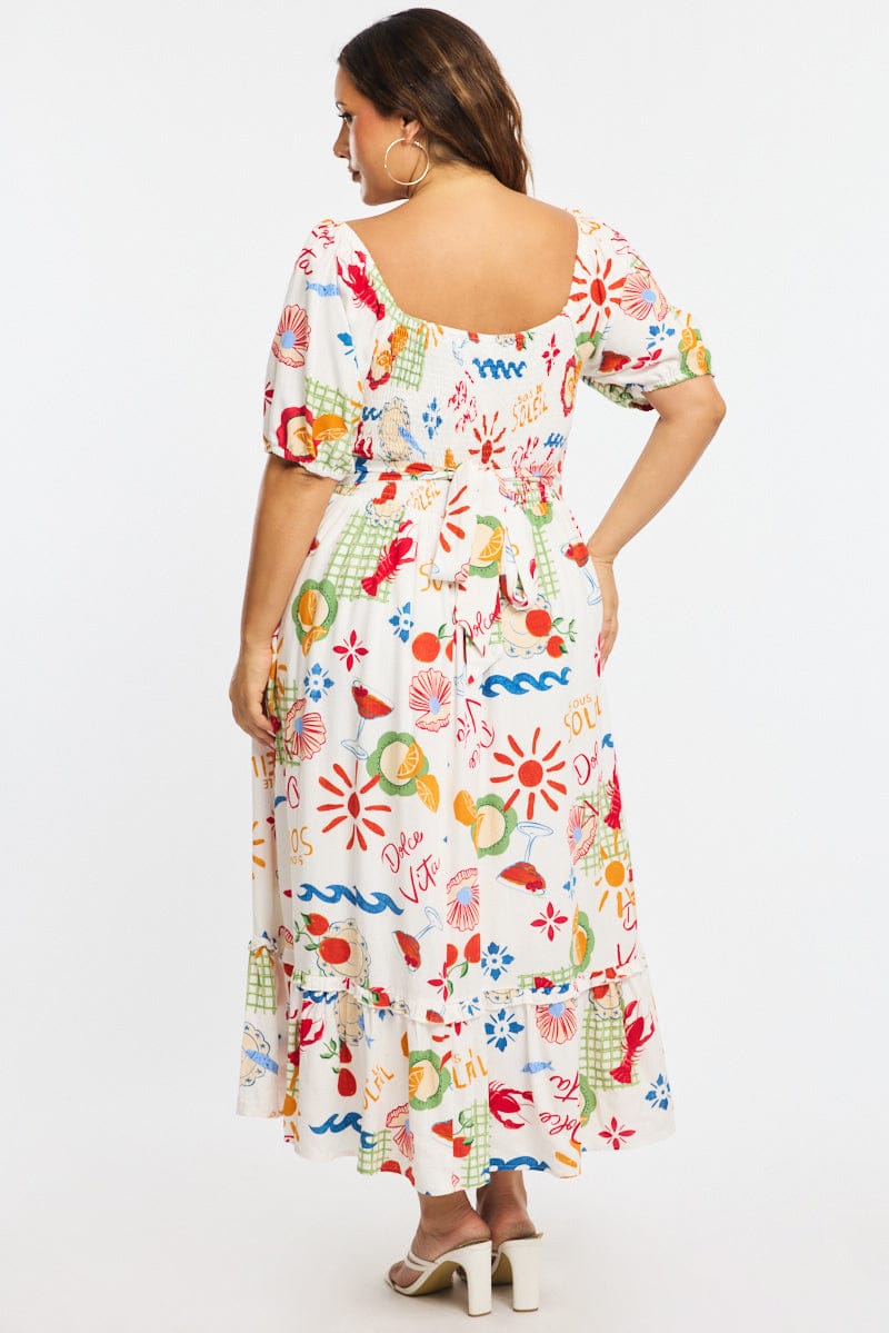 Multi Abstract Midi Dress Short Sleeve Tie Back Shirred for YouandAll Fashion
