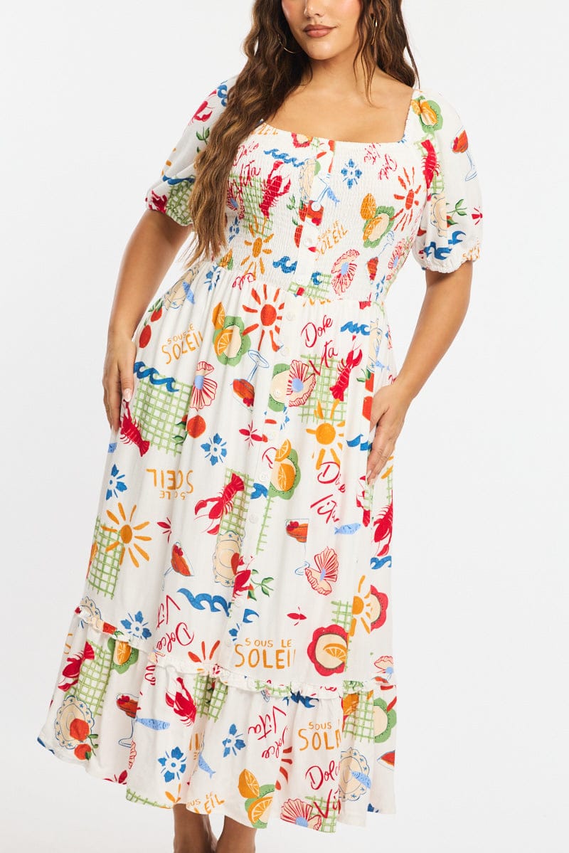 Multi Abstract Midi Dress Short Sleeve Tie Back Shirred for YouandAll Fashion
