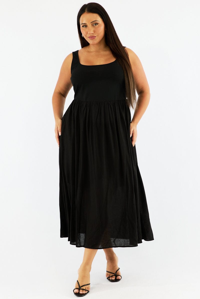 Black Midi Dress Sleeveless Scoop Neck Linen Blend You All